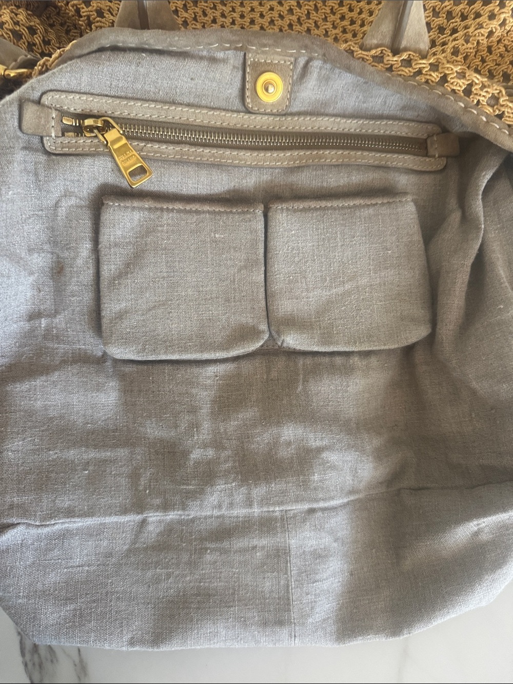 Prada Yellow Crochet Shoulder Bag with Taupe Leather Trim and shopping bag - Picture 9 of 16